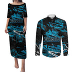 Personalized Cronulla Sutherland Sharks Couples Matching Puletasi and Long Sleeve Button Shirt Graffiti Grunge Abstract Urban Street Style Design