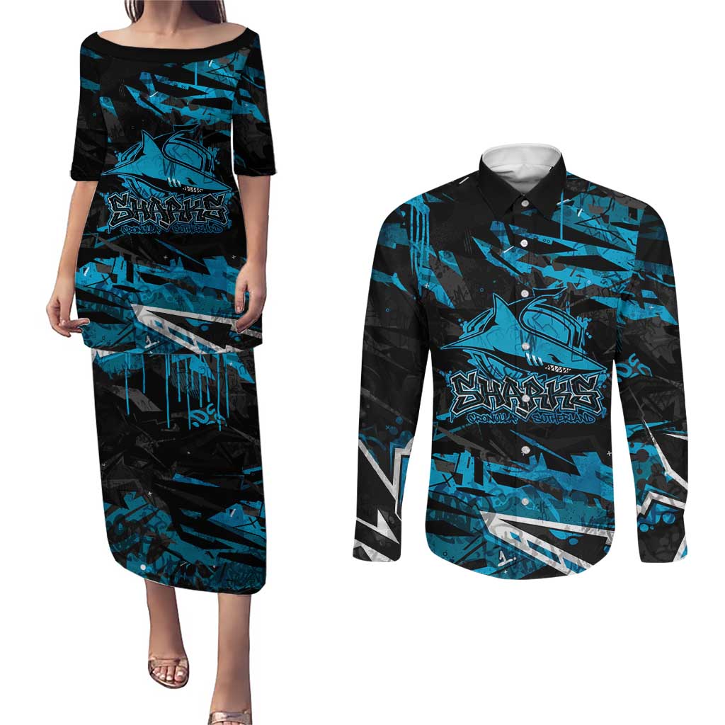 Personalized Cronulla Sutherland Sharks Couples Matching Puletasi and Long Sleeve Button Shirt Graffiti Grunge Abstract Urban Street Style Design