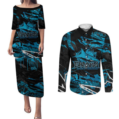 Personalized Cronulla Sutherland Sharks Couples Matching Puletasi and Long Sleeve Button Shirt Graffiti Grunge Abstract Urban Street Style Design