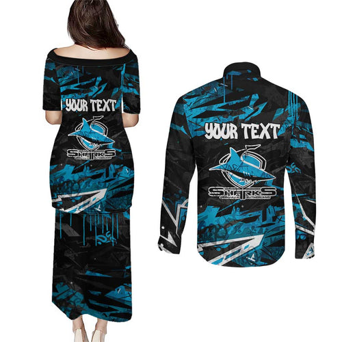 Personalized Cronulla Sutherland Sharks Couples Matching Puletasi and Long Sleeve Button Shirt Graffiti Grunge Abstract Urban Street Style Design