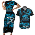 Personalized Cronulla Sutherland Sharks Couples Matching Short Sleeve Bodycon Dress and Hawaiian Shirt Graffiti Grunge Abstract Urban Street Style Design