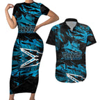 Personalized Cronulla Sutherland Sharks Couples Matching Short Sleeve Bodycon Dress and Hawaiian Shirt Graffiti Grunge Abstract Urban Street Style Design