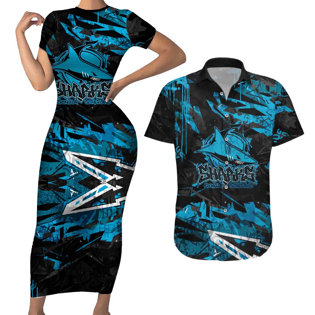 Personalized Cronulla Sutherland Sharks Couples Matching Short Sleeve Bodycon Dress and Hawaiian Shirt Graffiti Grunge Abstract Urban Street Style Design