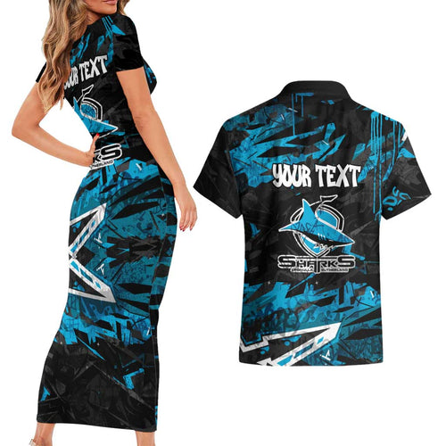 Personalized Cronulla Sutherland Sharks Couples Matching Short Sleeve Bodycon Dress and Hawaiian Shirt Graffiti Grunge Abstract Urban Street Style Design