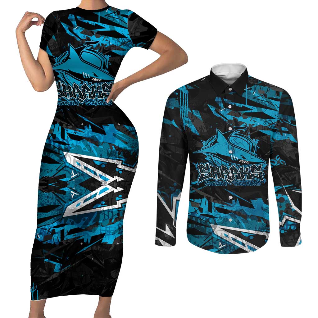Personalized Cronulla Sutherland Sharks Couples Matching Short Sleeve Bodycon Dress and Long Sleeve Button Shirt Graffiti Grunge Abstract Urban Street Style Design