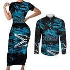 Personalized Cronulla Sutherland Sharks Couples Matching Short Sleeve Bodycon Dress and Long Sleeve Button Shirt Graffiti Grunge Abstract Urban Street Style Design