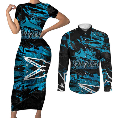 Personalized Cronulla Sutherland Sharks Couples Matching Short Sleeve Bodycon Dress and Long Sleeve Button Shirt Graffiti Grunge Abstract Urban Street Style Design