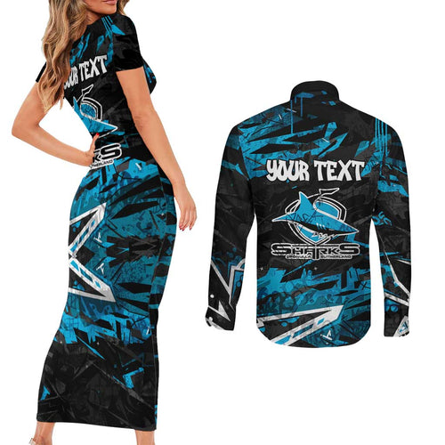 Personalized Cronulla Sutherland Sharks Couples Matching Short Sleeve Bodycon Dress and Long Sleeve Button Shirt Graffiti Grunge Abstract Urban Street Style Design