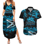 Personalized Cronulla Sutherland Sharks Couples Matching Summer Maxi Dress and Hawaiian Shirt Graffiti Grunge Abstract Urban Street Style Design