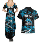 Personalized Cronulla Sutherland Sharks Couples Matching Summer Maxi Dress and Hawaiian Shirt Graffiti Grunge Abstract Urban Street Style Design