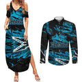 Personalized Cronulla Sutherland Sharks Couples Matching Summer Maxi Dress and Long Sleeve Button Shirt Graffiti Grunge Abstract Urban Street Style Design