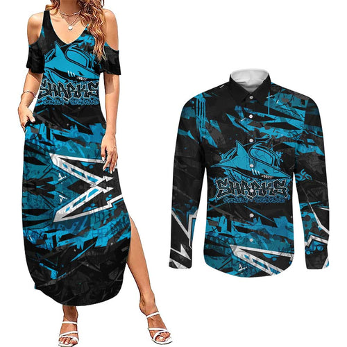 Personalized Cronulla Sutherland Sharks Couples Matching Summer Maxi Dress and Long Sleeve Button Shirt Graffiti Grunge Abstract Urban Street Style Design