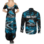 Personalized Cronulla Sutherland Sharks Couples Matching Summer Maxi Dress and Long Sleeve Button Shirt Graffiti Grunge Abstract Urban Street Style Design