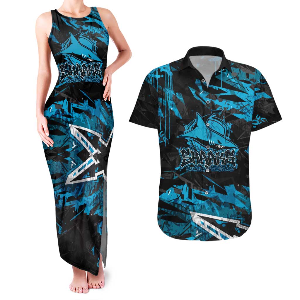 Personalized Cronulla Sutherland Sharks Couples Matching Tank Maxi Dress and Hawaiian Shirt Graffiti Grunge Abstract Urban Street Style Design