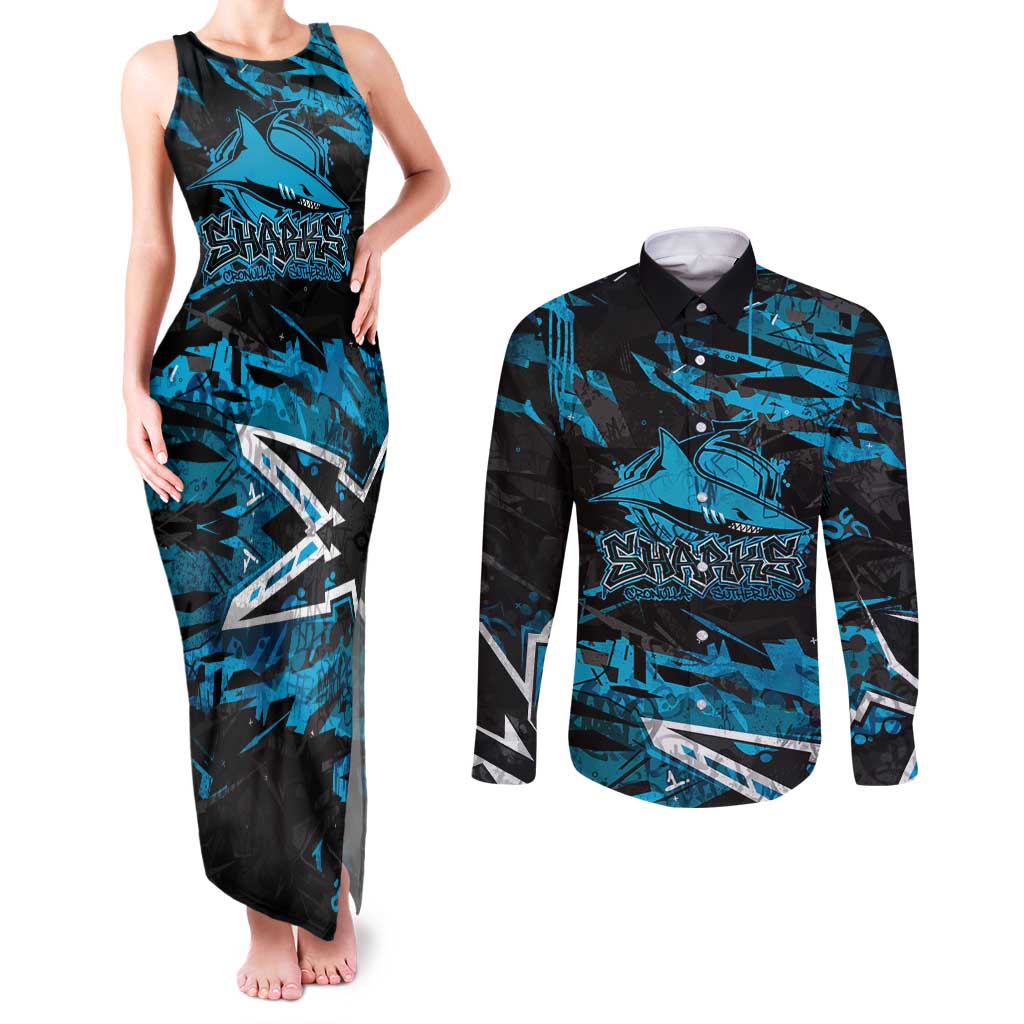 Personalized Cronulla Sutherland Sharks Couples Matching Tank Maxi Dress and Long Sleeve Button Shirt Graffiti Grunge Abstract Urban Street Style Design