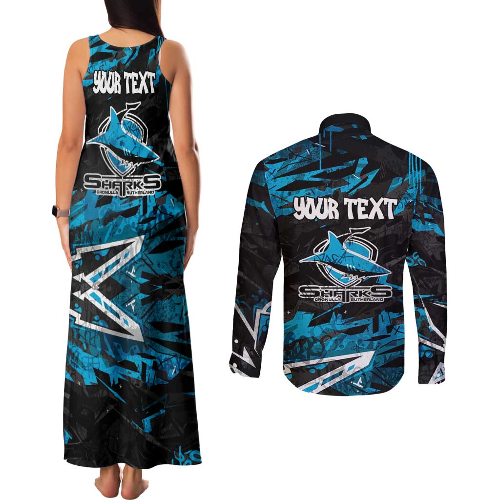 Personalized Cronulla Sutherland Sharks Couples Matching Tank Maxi Dress and Long Sleeve Button Shirt Graffiti Grunge Abstract Urban Street Style Design