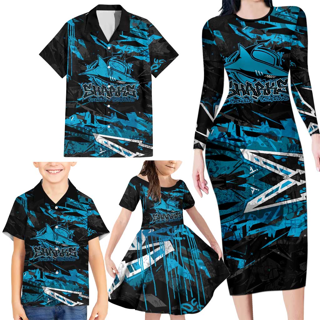 Personalized Cronulla Sutherland Sharks Family Matching Long Sleeve Bodycon Dress and Hawaiian Shirt Graffiti Grunge Abstract Urban Street Style Design