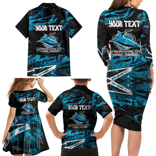 Personalized Cronulla Sutherland Sharks Family Matching Long Sleeve Bodycon Dress and Hawaiian Shirt Graffiti Grunge Abstract Urban Street Style Design