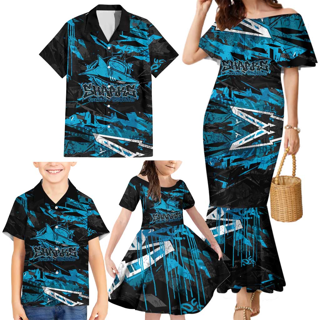 Personalized Cronulla Sutherland Sharks Family Matching Mermaid Dress and Hawaiian Shirt Graffiti Grunge Abstract Urban Street Style Design