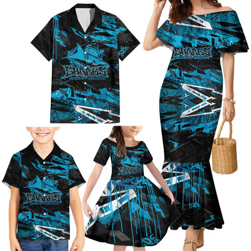 Personalized Cronulla Sutherland Sharks Family Matching Mermaid Dress and Hawaiian Shirt Graffiti Grunge Abstract Urban Street Style Design