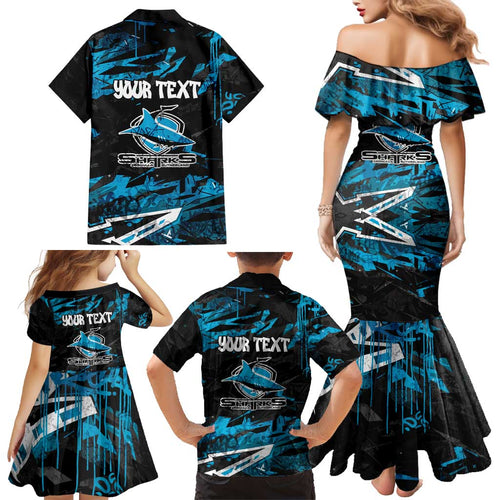 Personalized Cronulla Sutherland Sharks Family Matching Mermaid Dress and Hawaiian Shirt Graffiti Grunge Abstract Urban Street Style Design