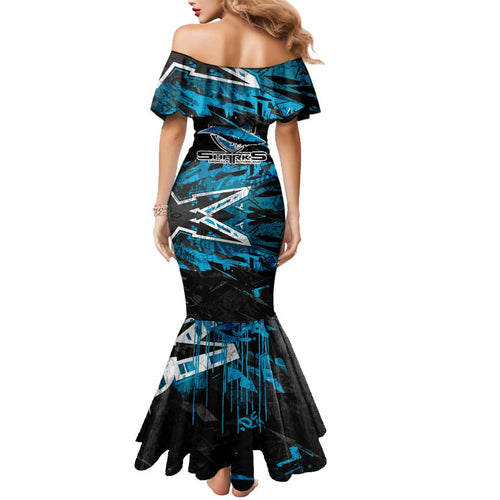 Personalized Cronulla Sutherland Sharks Family Matching Mermaid Dress and Hawaiian Shirt Graffiti Grunge Abstract Urban Street Style Design