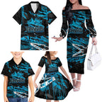 Personalized Cronulla Sutherland Sharks Family Matching Off The Shoulder Long Sleeve Dress and Hawaiian Shirt Graffiti Grunge Abstract Urban Street Style Design