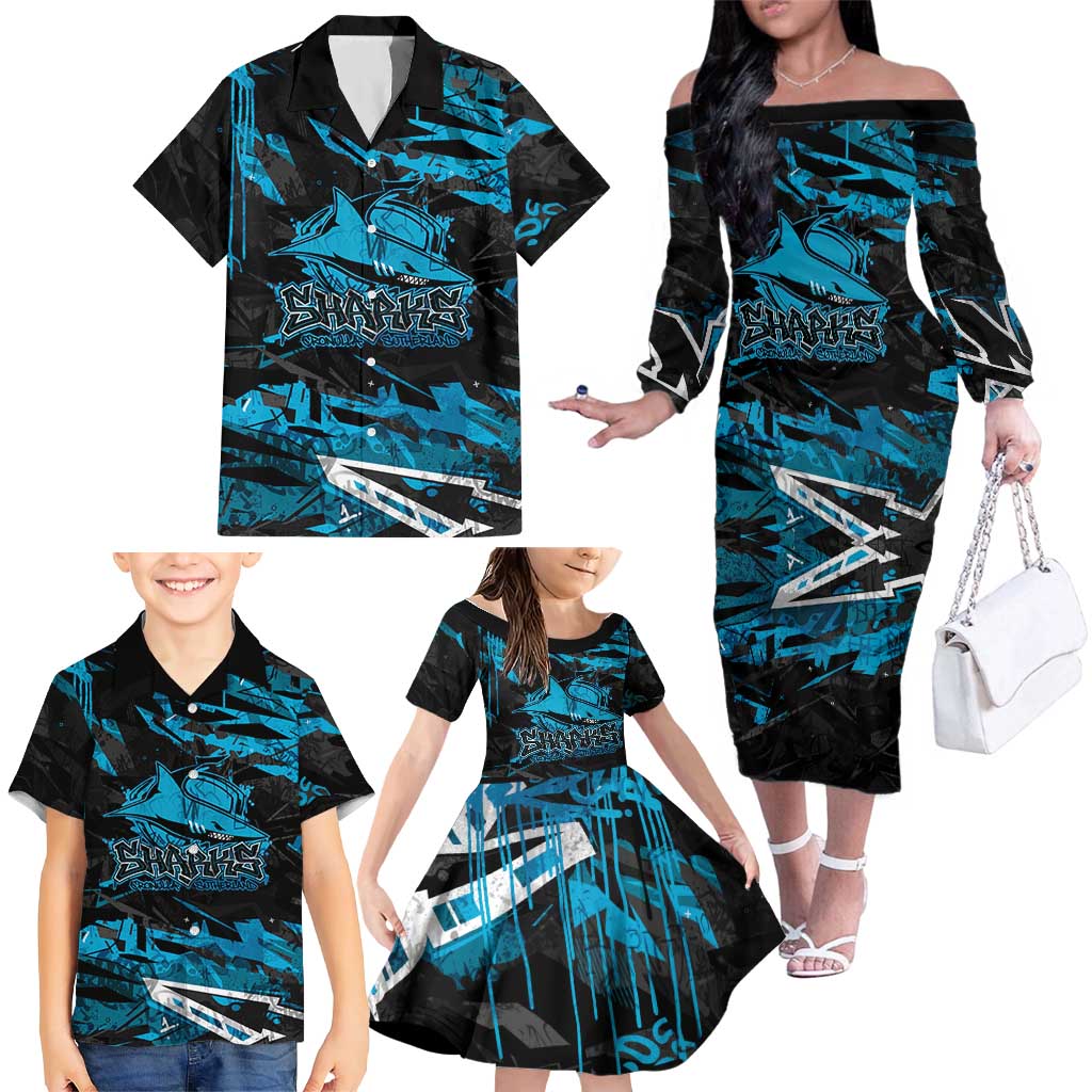 Personalized Cronulla Sutherland Sharks Family Matching Off The Shoulder Long Sleeve Dress and Hawaiian Shirt Graffiti Grunge Abstract Urban Street Style Design