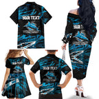 Personalized Cronulla Sutherland Sharks Family Matching Off The Shoulder Long Sleeve Dress and Hawaiian Shirt Graffiti Grunge Abstract Urban Street Style Design