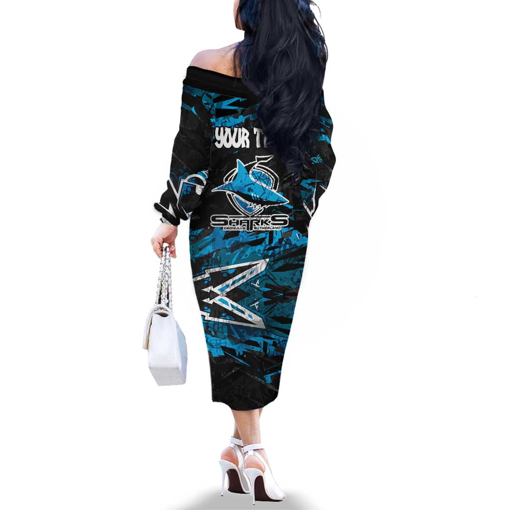 Personalized Cronulla Sutherland Sharks Family Matching Off The Shoulder Long Sleeve Dress and Hawaiian Shirt Graffiti Grunge Abstract Urban Street Style Design