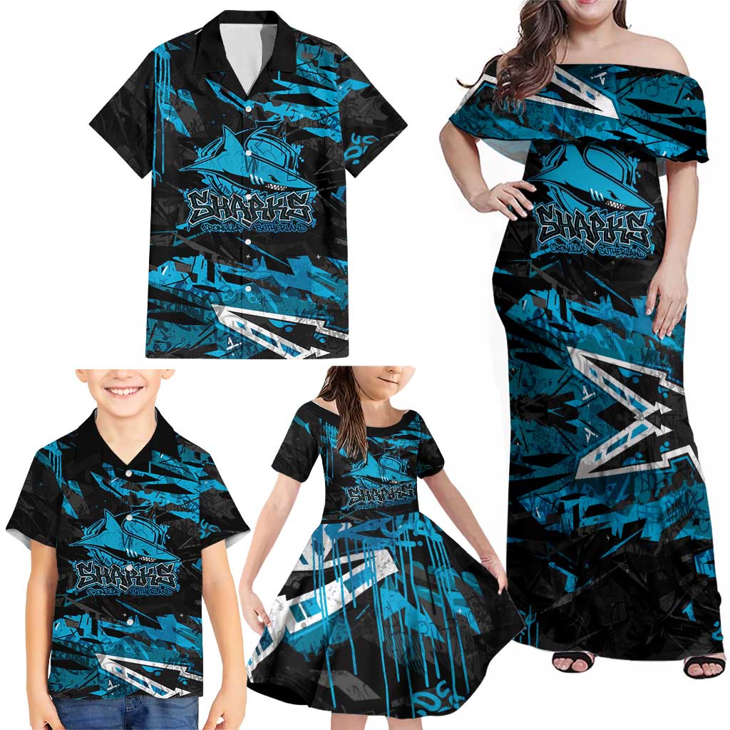 Personalized Cronulla Sutherland Sharks Family Matching Off Shoulder Maxi Dress and Hawaiian Shirt Graffiti Grunge Abstract Urban Street Style Design