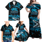 Personalized Cronulla Sutherland Sharks Family Matching Off Shoulder Maxi Dress and Hawaiian Shirt Graffiti Grunge Abstract Urban Street Style Design