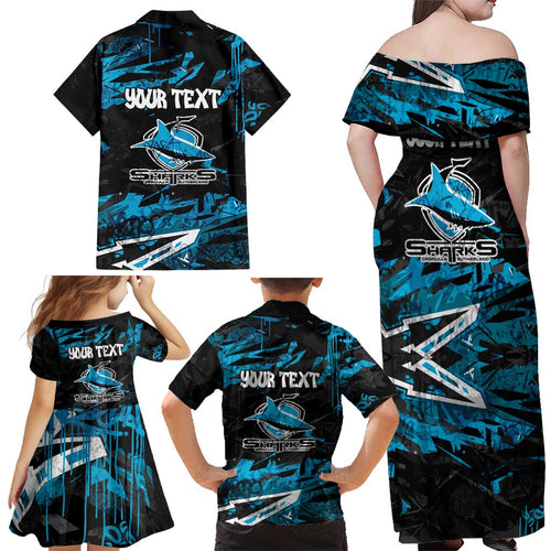Personalized Cronulla Sutherland Sharks Family Matching Off Shoulder Maxi Dress and Hawaiian Shirt Graffiti Grunge Abstract Urban Street Style Design
