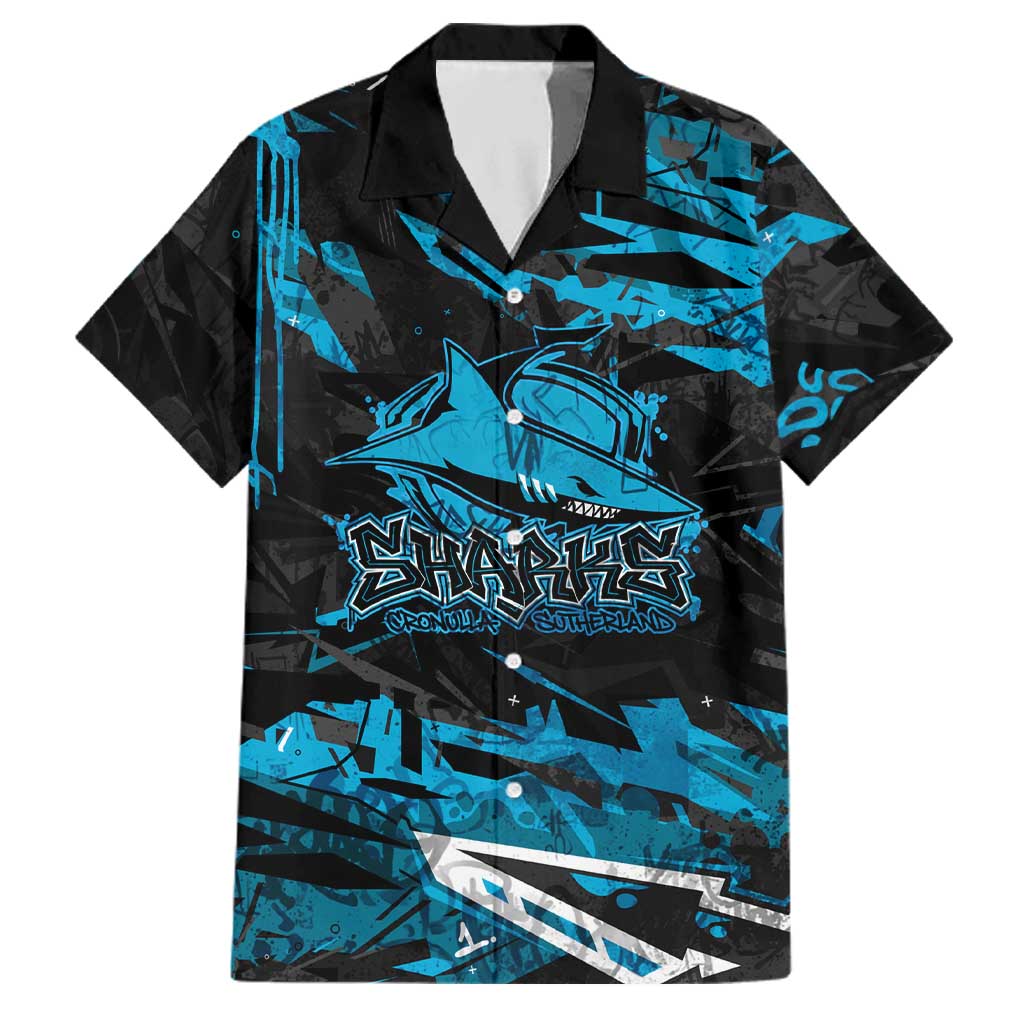 Personalized Cronulla Sutherland Sharks Family Matching Off Shoulder Maxi Dress and Hawaiian Shirt Graffiti Grunge Abstract Urban Street Style Design