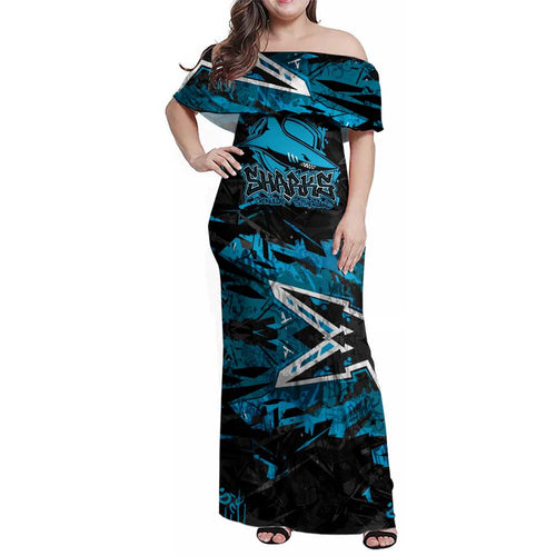 Personalized Cronulla Sutherland Sharks Family Matching Off Shoulder Maxi Dress and Hawaiian Shirt Graffiti Grunge Abstract Urban Street Style Design