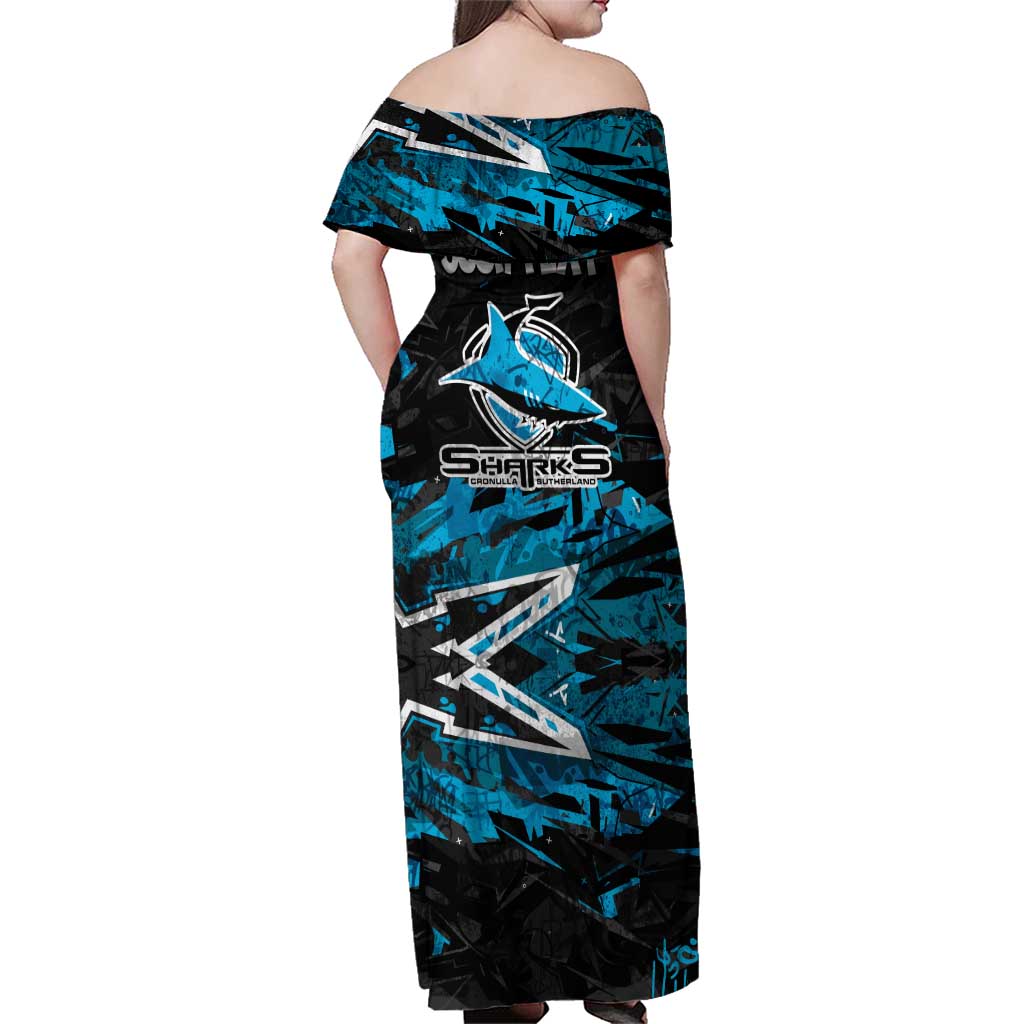 Personalized Cronulla Sutherland Sharks Family Matching Off Shoulder Maxi Dress and Hawaiian Shirt Graffiti Grunge Abstract Urban Street Style Design