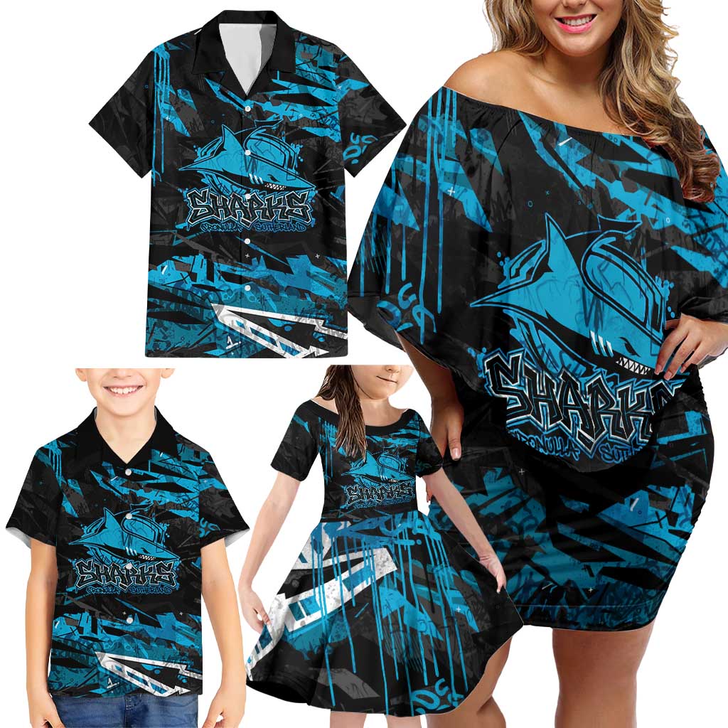 Personalized Cronulla Sutherland Sharks Family Matching Off Shoulder Short Dress and Hawaiian Shirt Graffiti Grunge Abstract Urban Street Style Design