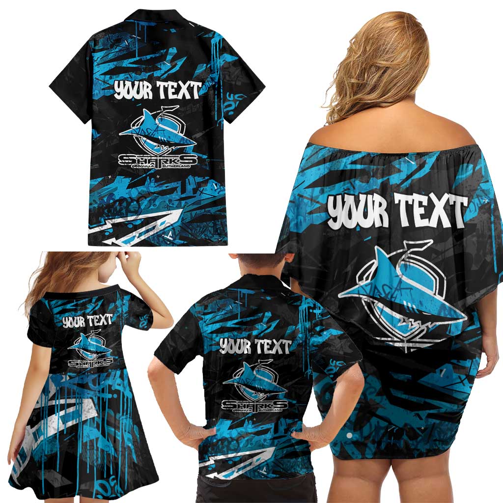 Personalized Cronulla Sutherland Sharks Family Matching Off Shoulder Short Dress and Hawaiian Shirt Graffiti Grunge Abstract Urban Street Style Design