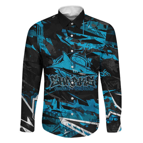 Personalized Cronulla Sutherland Sharks Family Matching Off Shoulder Short Dress and Hawaiian Shirt Graffiti Grunge Abstract Urban Street Style Design