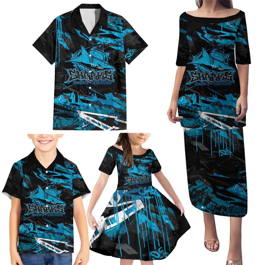 Personalized Cronulla Sutherland Sharks Family Matching Puletasi and Hawaiian Shirt Graffiti Grunge Abstract Urban Street Style Design