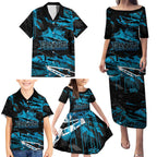 Personalized Cronulla Sutherland Sharks Family Matching Puletasi and Hawaiian Shirt Graffiti Grunge Abstract Urban Street Style Design