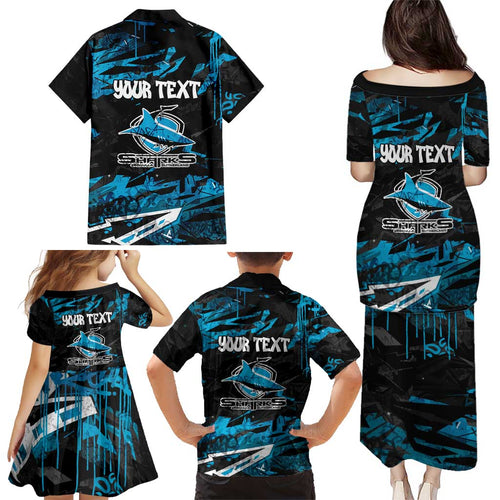 Personalized Cronulla Sutherland Sharks Family Matching Puletasi and Hawaiian Shirt Graffiti Grunge Abstract Urban Street Style Design