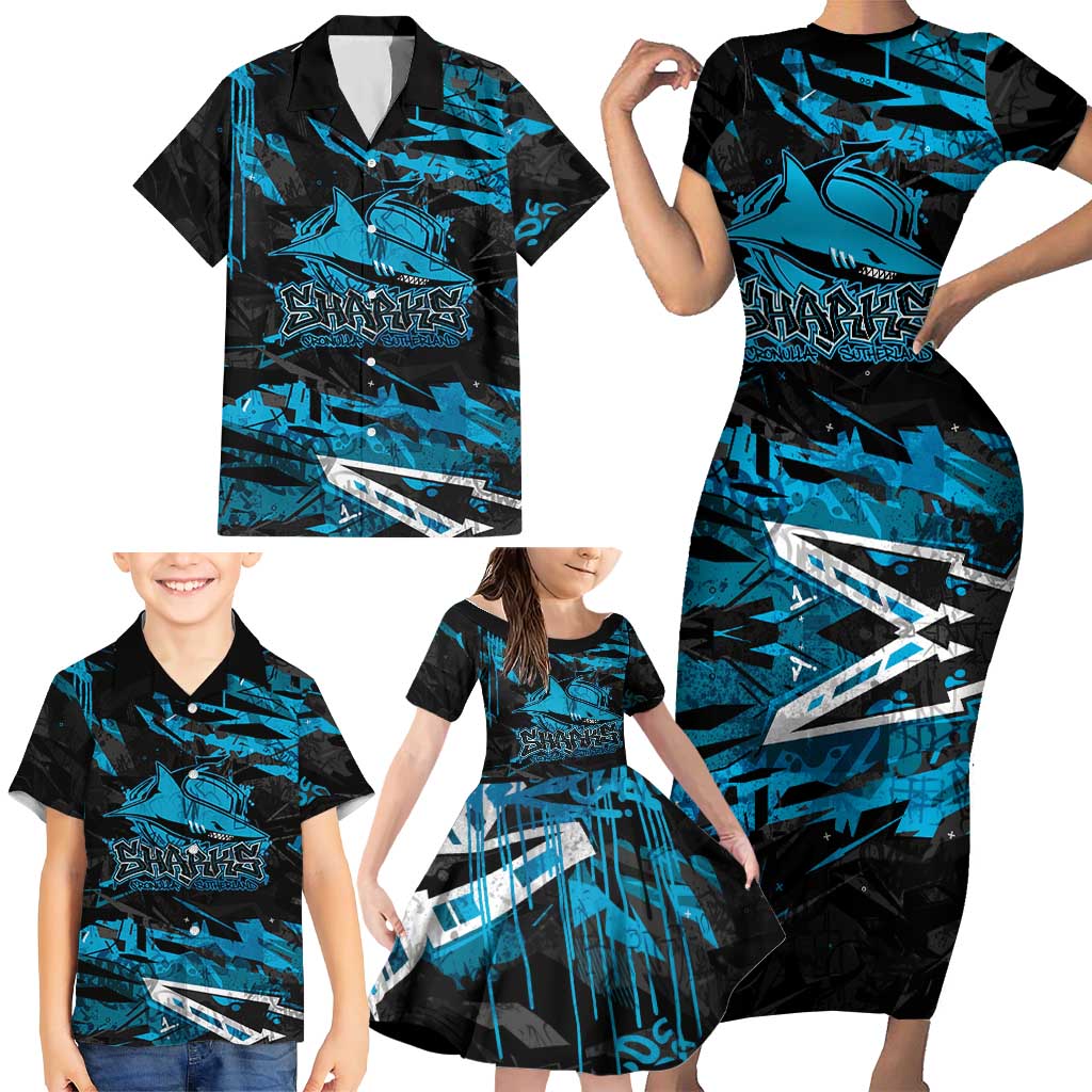 Personalized Cronulla Sutherland Sharks Family Matching Short Sleeve Bodycon Dress and Hawaiian Shirt Graffiti Grunge Abstract Urban Street Style Design
