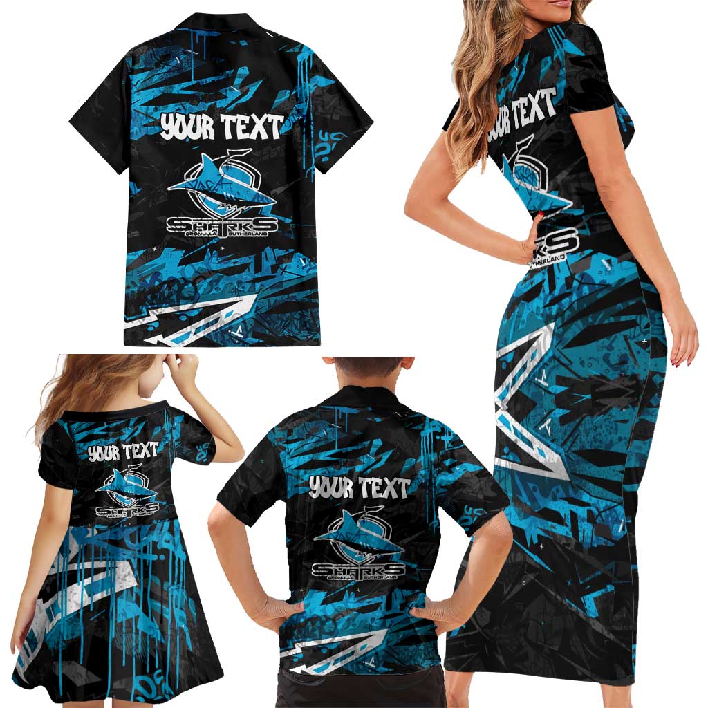 Personalized Cronulla Sutherland Sharks Family Matching Short Sleeve Bodycon Dress and Hawaiian Shirt Graffiti Grunge Abstract Urban Street Style Design