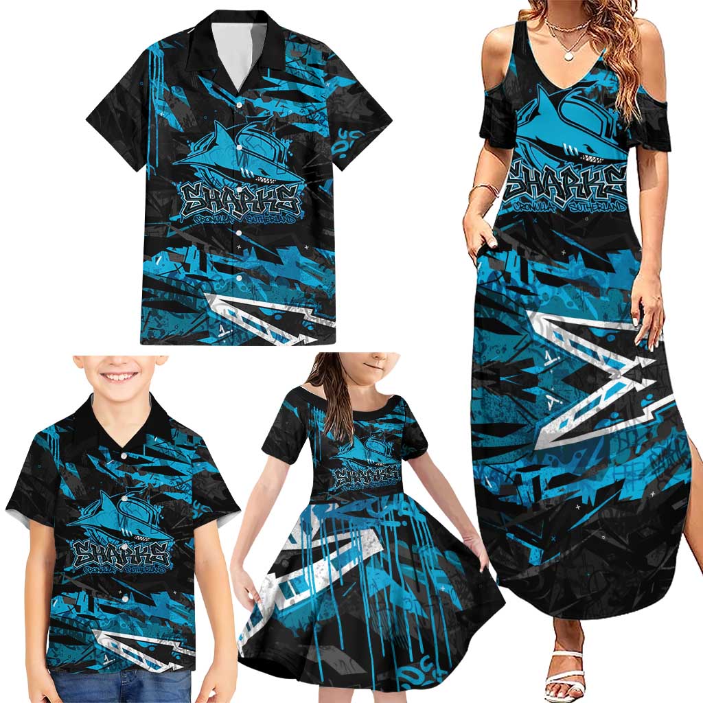Personalized Cronulla Sutherland Sharks Family Matching Summer Maxi Dress and Hawaiian Shirt Graffiti Grunge Abstract Urban Street Style Design