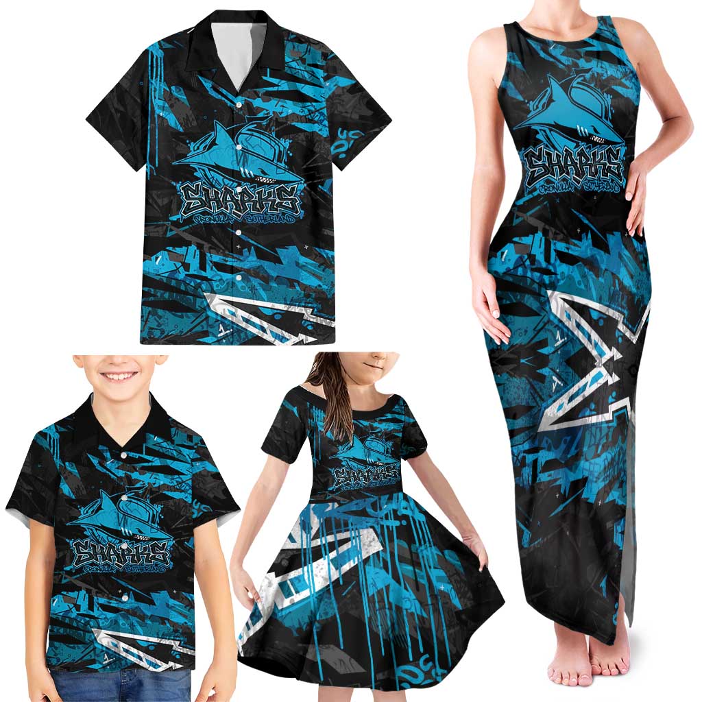 Personalized Cronulla Sutherland Sharks Family Matching Tank Maxi Dress and Hawaiian Shirt Graffiti Grunge Abstract Urban Street Style Design