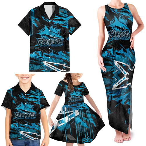 Personalized Cronulla Sutherland Sharks Family Matching Tank Maxi Dress and Hawaiian Shirt Graffiti Grunge Abstract Urban Street Style Design