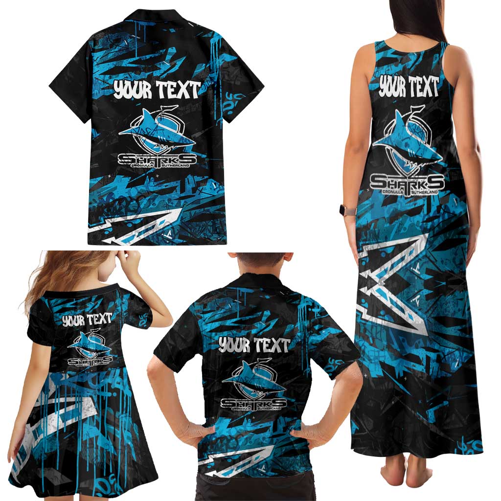 Personalized Cronulla Sutherland Sharks Family Matching Tank Maxi Dress and Hawaiian Shirt Graffiti Grunge Abstract Urban Street Style Design