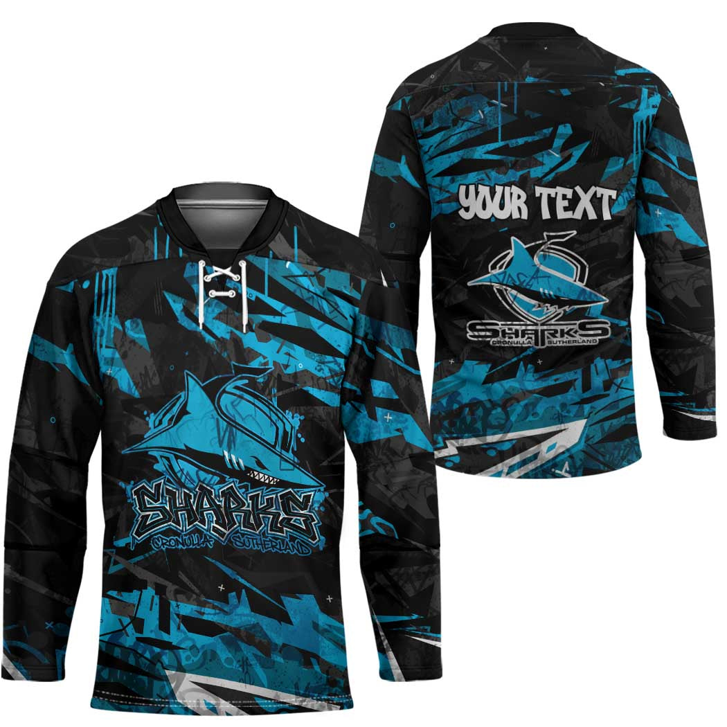 Personalized Cronulla Sutherland Sharks Hockey Jersey Graffiti Grunge Abstract Urban Street Style Design