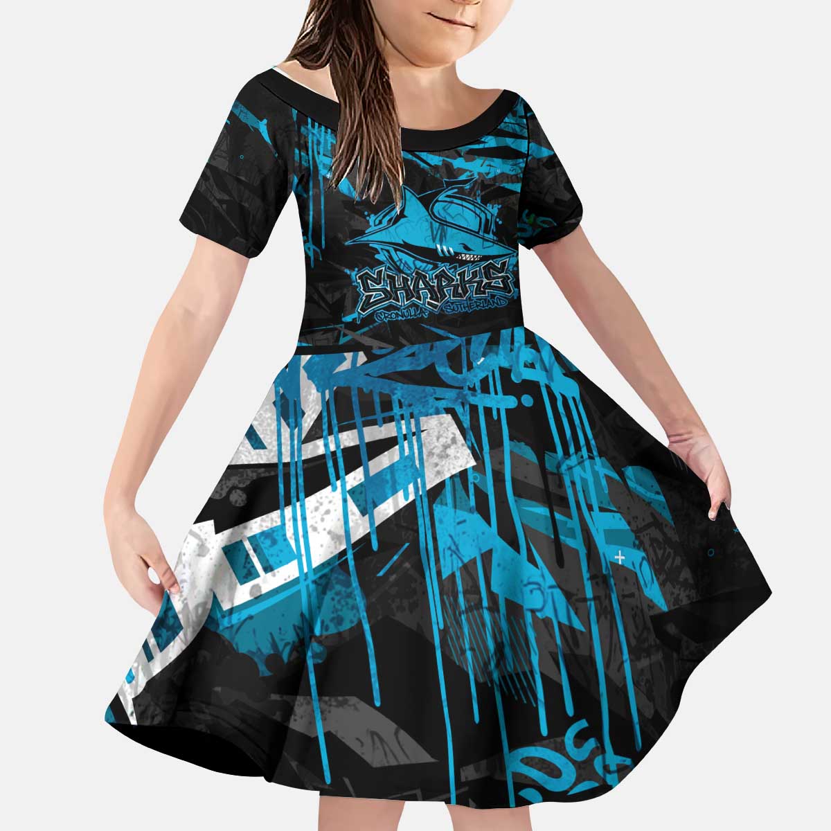 Personalized Cronulla Sutherland Sharks Kid Short Sleeve Dress Graffiti Grunge Abstract Urban Street Style Design